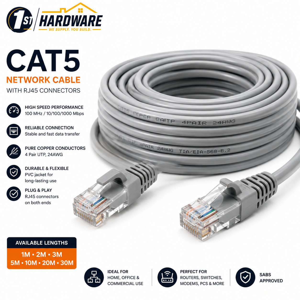 CAT5 UTP Ethernet Patch Cable with RJ45 Connectors