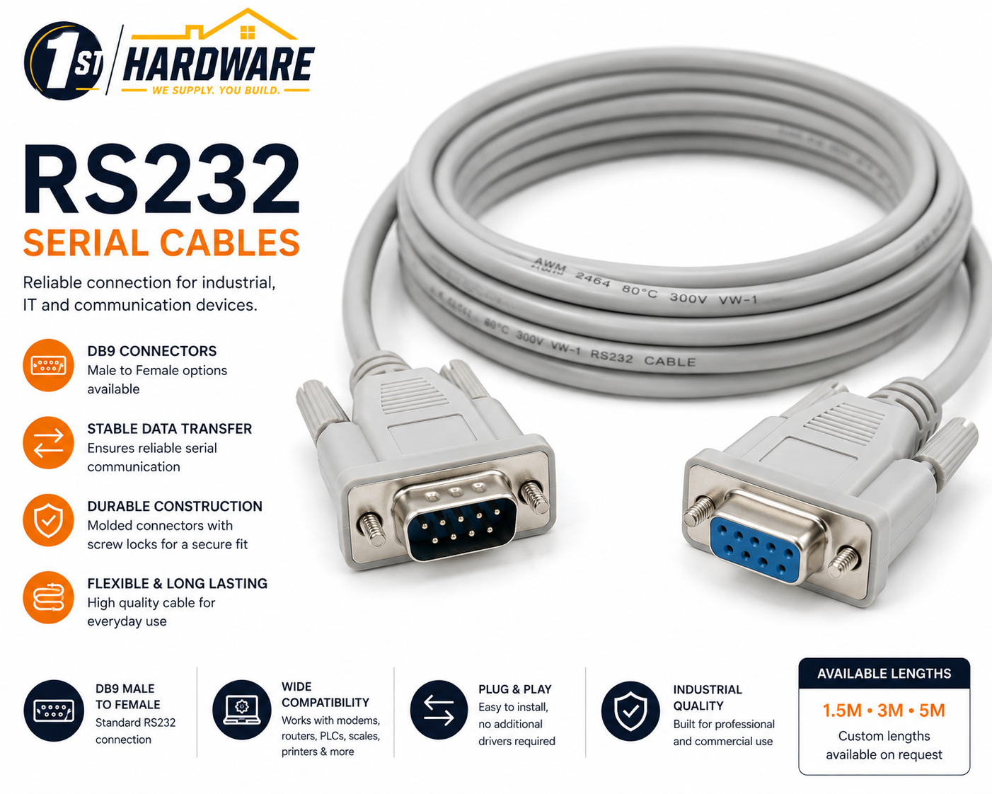 RS232 DB9 Serial Communication Cable – Male to Female